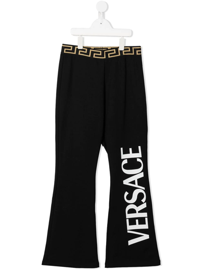Versace Kids' Greca-waistband Flared Track Pants In Nero+bianco