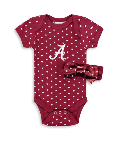Two Feet Ahead Girls Newborn And Infant Crimson Alabama Crimson Tide Hearts Bodysuit And Headband Set