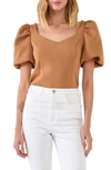 English Factory Scuba Puff Sleeve Top In Tan