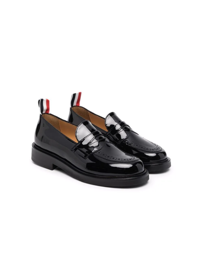 Thom Browne Kids' Brogue-detailed Glossy Loafers In Black
