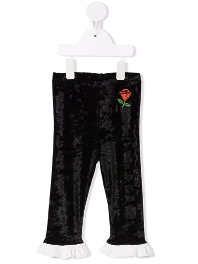 Mini Rodini Babies' Rose-embroidered Velvet Leggings In Black