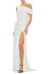 Mac Duggal Metallic One-shoulder Sheath Evening Gown In White
