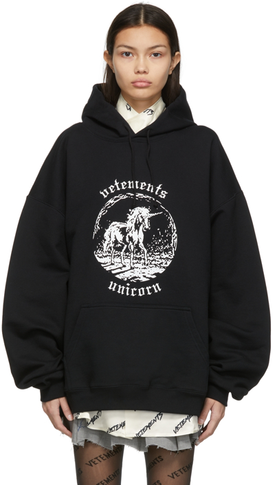 Vetements Unicorn-print Cotton-blend Hooded Sweatshirt In Black