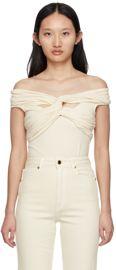 Khaite Cerise Off-the-shoulder Knotted Stretch-cotton Jersey Bodysuit In Cream