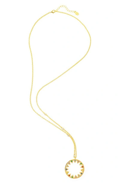 Rivka Friedman 18k Yellow Gold Clad Rainbow Crystal Open Sun Circle Pendant Necklace