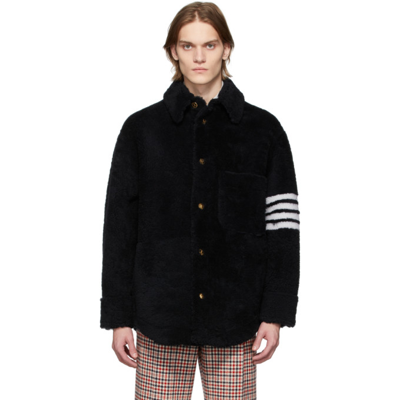 Thom Browne Navy Dyed Shearling 4-bar Jacket In Blue