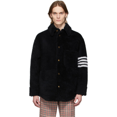 Thom Browne Navy Dyed Shearling 4-bar Jacket In 415 Navy