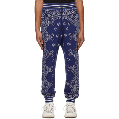 Amiri Tapered Bandana-jacquard Cotton And Cashmere-blend Sweatpants In Blue