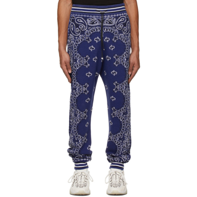 Amiri Tapered Bandana-jacquard Cotton And Cashmere-blend Sweatpants In Blue Black