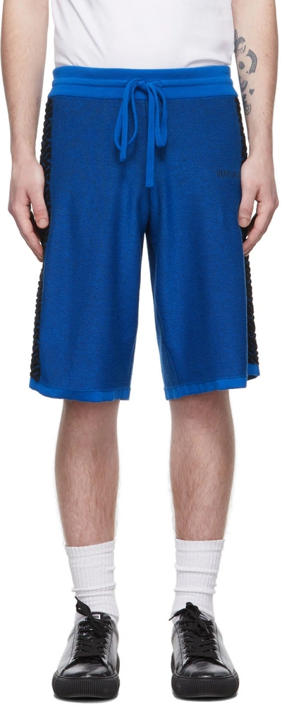 Versace La Greca Drawstring Knitted Shorts In Sapphire