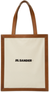 Jil Sander Tote Bag In Tela Bianca E Pelle In 212 - Medium Brown