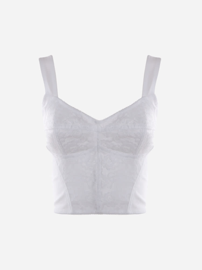 Dolce & Gabbana Top In Technical Fabric With Lace Processing In Optical White