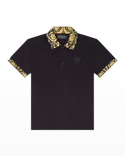 Versace Kids' Boy's Barocco-print Polo Shirt In Black Gold