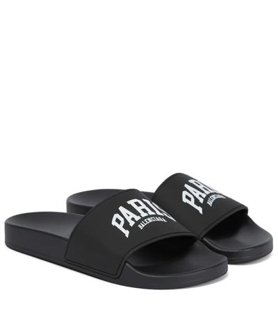 Balenciaga Paris Logo-print Rubber Slides In Black