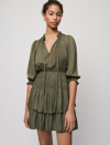 Maje Satin Dress With Smocking And Ruffles In Khaki