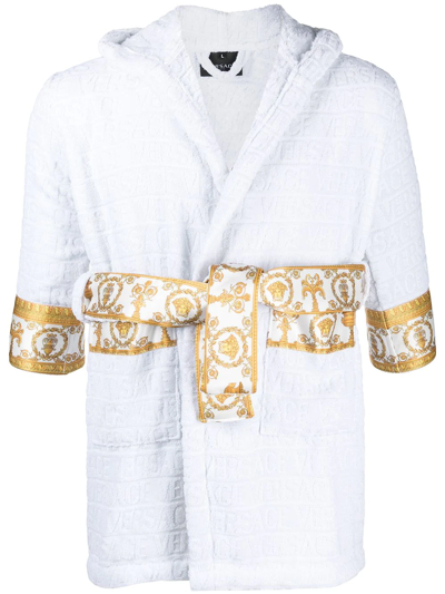 Versace Barocco-trim Hooded Bath Robe In White
