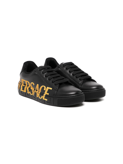 Versace Kids' Logo-print Leather Trainers In Black