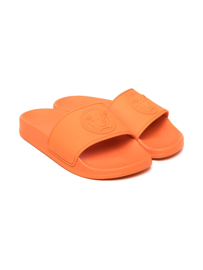 Versace Kids' Medusa Head-motif Sliders In Orange