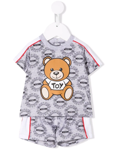 Moschino Babies' Teddy Bear All-over Logo-print Shorts Set In Grey