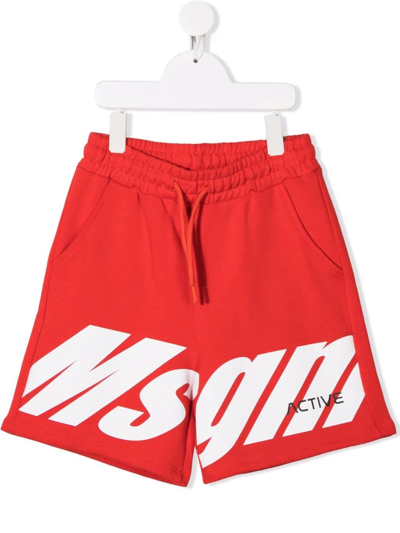 Msgm Kids' Logo印花运动短裤 In Red