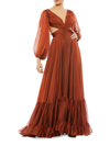 Mac Duggal Pleated Cut Out Long Sleeve Lace Up Tiered Gown In Brown