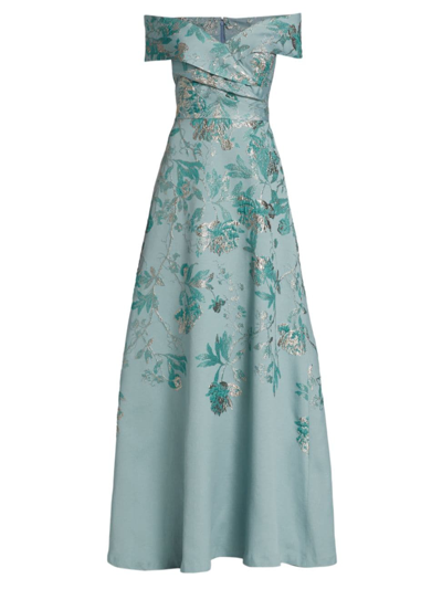 Teri Jon Metallic Jacquard Off-the-shoulder Gown In Aqua Gold