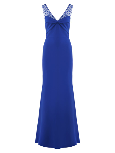 Theia Alva V-neck Embellished Crepe Gown In Blue
