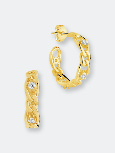 Sterling Forever Cz Studded Figaro Link Hoop Earrings In Gold