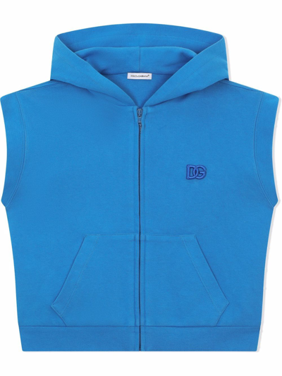 Dolce & Gabbana Kids' Jersey Hoodie With Dg Logo Embroidery In Turquoise