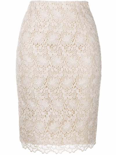 Pre-owned Valentino 1990s High-waisted Lace Pencil Skirt In Neutrals