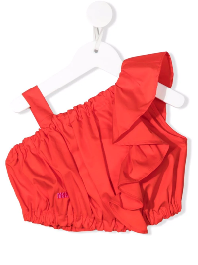 Msgm Teen Ruffle Asymmetric Crop Top In Orange