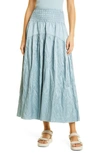 Vince Metallic Smock Waist Tiered Cotton Blend Skirt In Aqua Stone