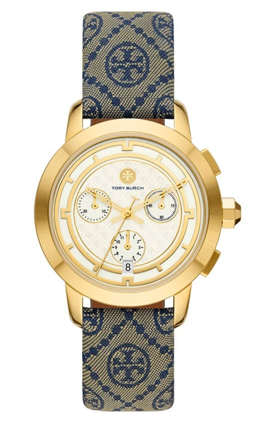 Tory Burch The Tory Goldtone, Jacquard & Luggage Leather Watch In Ivory