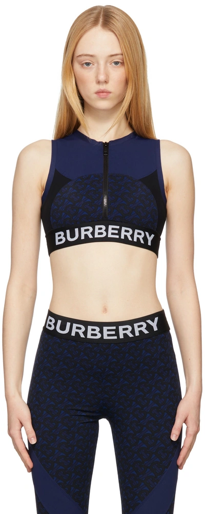 Burberry Paneled Printed Stretch-jersey Sports Bra In Blue