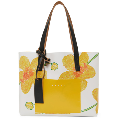 Marni White & Yellow Pvc Orchids Shopping Bag In Z2p55 Maize+acid+bla