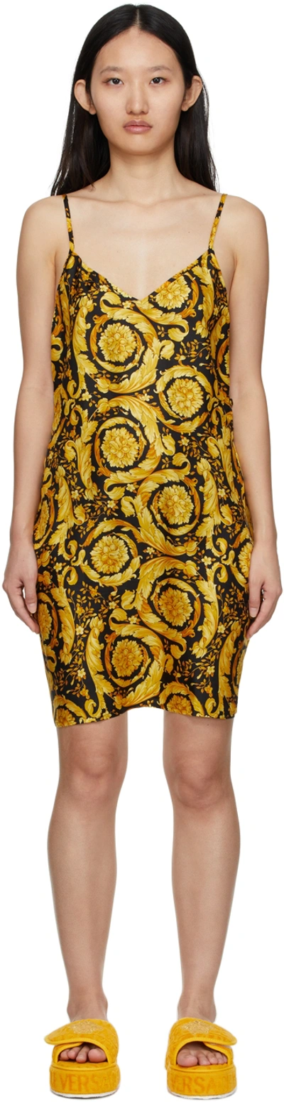 Versace Black & Gold Silk Barocco Sleep Slip Dress In Yellow