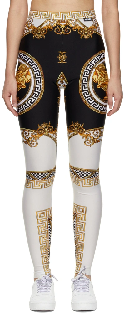 Versace Black & White 'la Coupe Des Dieux' Leggings In Black,gold,white