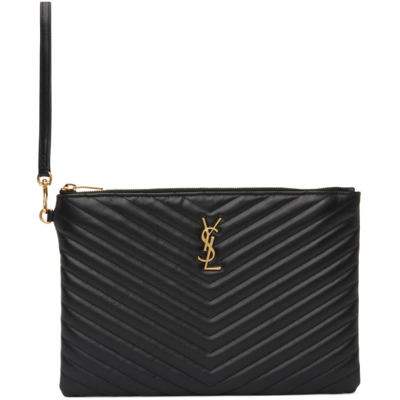 Saint Laurent Black Leather Quilted Monogram Pouch