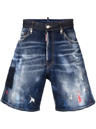Dsquared2 Paint-splatter Wide-cut Denim-shorts In Blue