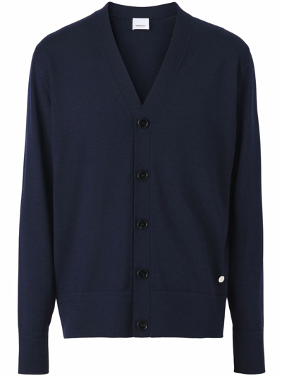 Burberry Monogram-motif Wool-silk Blend Cardigan In Blau