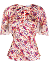 RABANNE PANSY-PRINT V-NECK DRAPED-SLEEVE BLOUSE