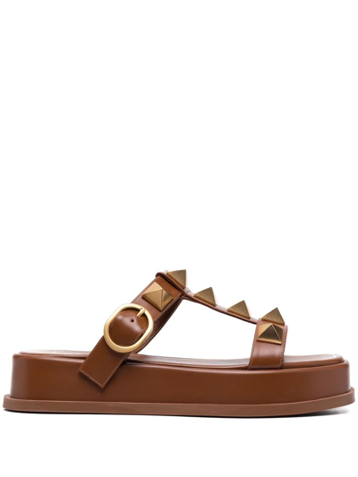 Valentino Garavani Women's Square Toe Pyramid Studded Platform Slide Sandals In Brown