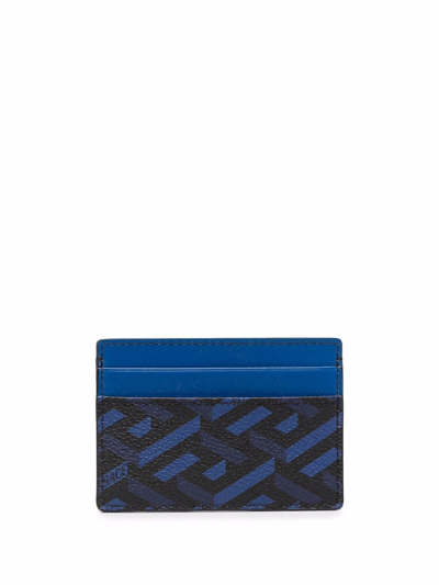 Versace La Greca Monogram-print Leather Card Holder In Blue