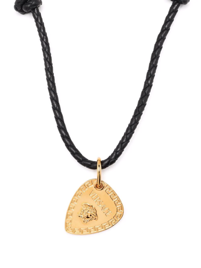 Versace Braided Leather Plectrum-pendant Necklace In Black,gold