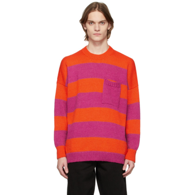 Jw Anderson Red & Pink Striped Patchpocket Sweater In Pink Red