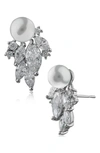 Cz By Kenneth Jay Lane 5.5-6mm Faux Pearl & Cz Leaf Drop Earrings In White/ Clear/ Silver