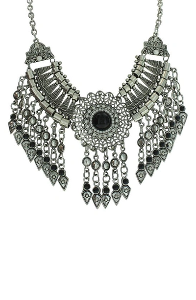 Olivia Welles Silver-tone Crystal Fringe Statement Necklace In Antique Silver / Black