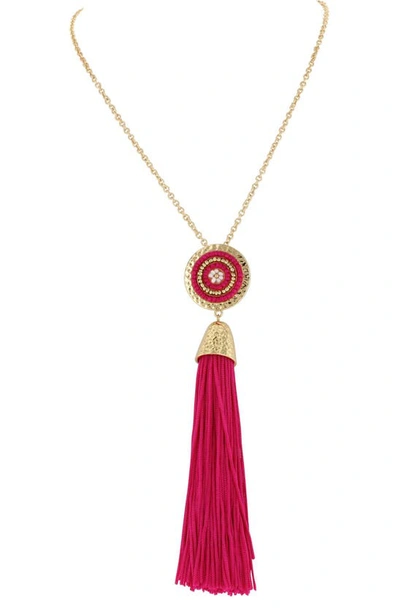 Olivia Welles Gold Plated Circle Beaded Tassel Necklace In Gold / Fuchsia