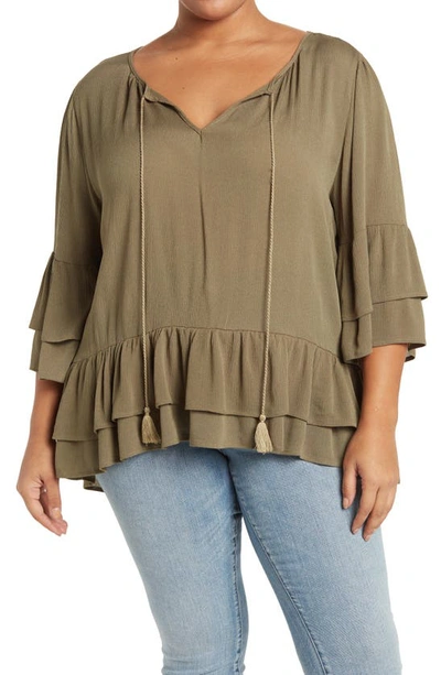 Forgotten Grace Tie Front Ruffle Waist Tunic In Olive