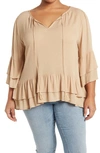 Forgotten Grace Tie Front Ruffle Waist Tunic In Mocha